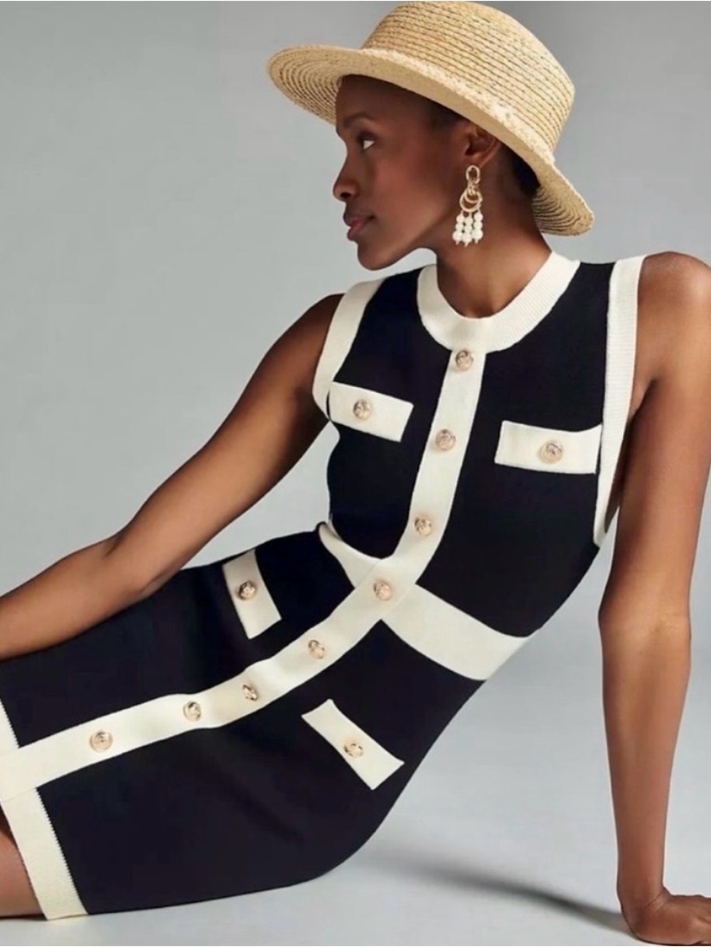 Anthropologie Black and White Sleeveless Button-Front Knit Mini Dress